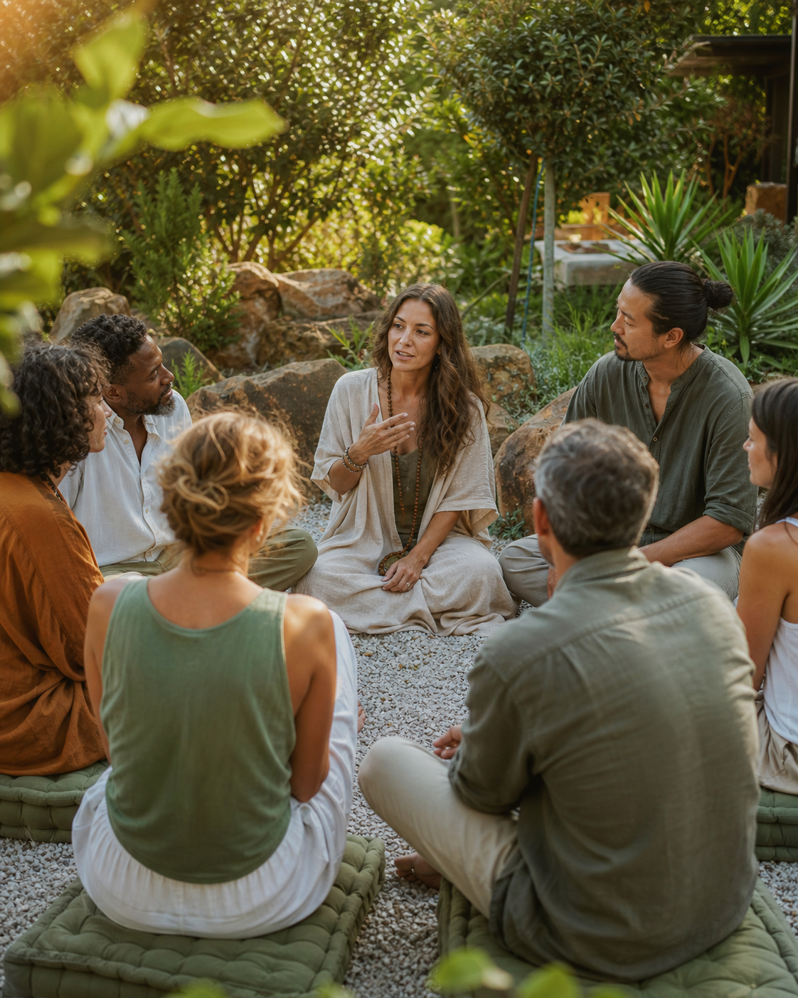 A diverse Vedaville community circle listening to a woman share her story in a garden